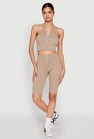 Womens Seamless Ribbed Button Detail Biker Shorts, Khaki, Size S-M
