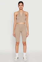 Womens Seamless Ribbed Button Detail Biker Shorts, Khaki, Size S-M