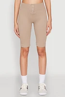 Womens Seamless Ribbed Button Detail Biker Shorts, Khaki, Size S-M