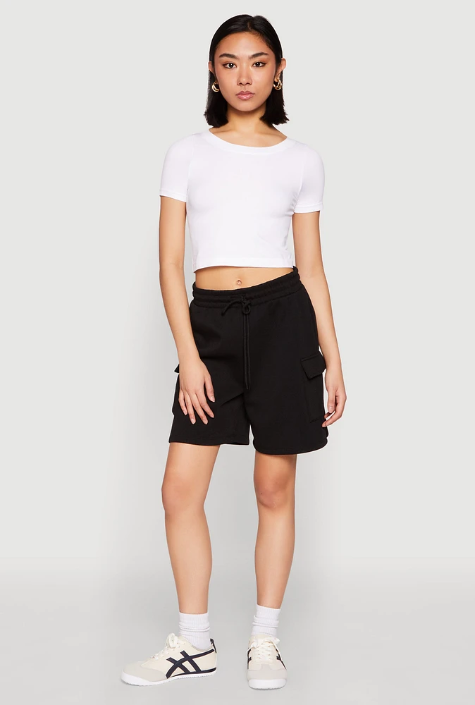 Womens Cargo Pocket Drawstring Sweatshorts, Black, Size M