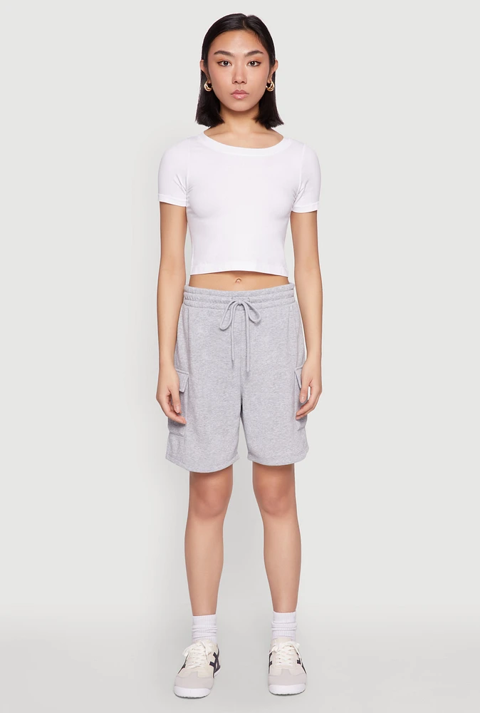 Womens Cargo Pocket Drawstring Sweatshorts, Grey, Size L