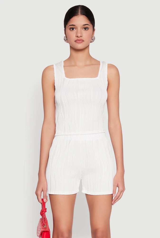 Womens Plisse Knit Cropped Tank Top, White, Size XL