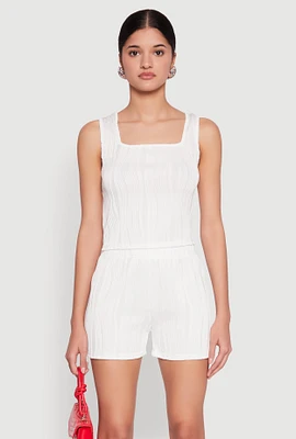 Womens Plisse Knit Cropped Tank Top, White, Size XL