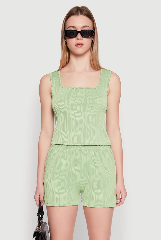 Womens Plisse Knit Cropped Tank Top, Green, Size M