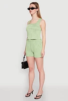 Womens Plisse Knit Cropped Tank Top, Green, Size M