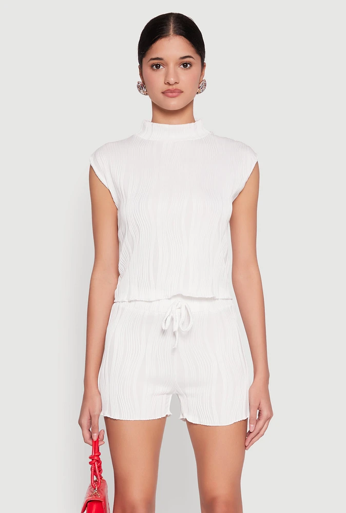 Womens Plisse Knit Mock Neck Top, White, Size XL