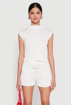 Womens Plisse Knit Mock Neck Top, White, Size XL
