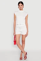 Womens Plisse Knit Mock Neck Top, White, Size XL