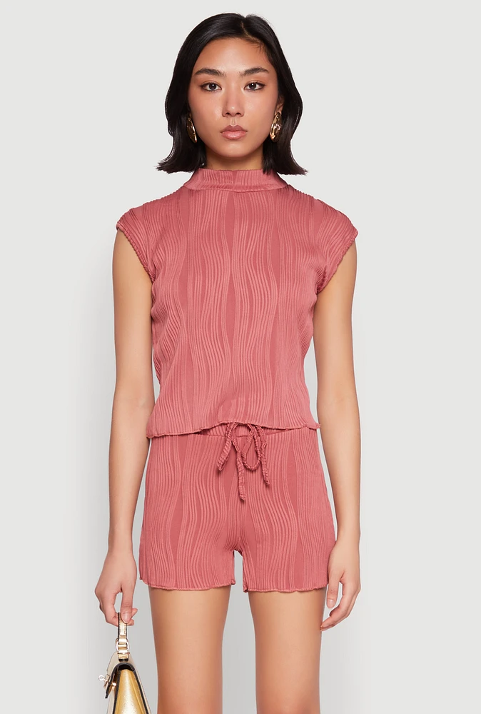 Womens Plisse Knit Mock Neck Top, Pink, Size L