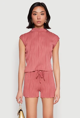 Womens Plisse Knit Mock Neck Top, Pink, Size L