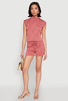 Womens Plisse Knit Mock Neck Top, Pink, Size L