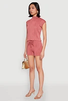 Womens Plisse Knit Mock Neck Top, Pink, Size M