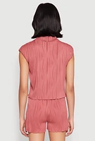 Womens Plisse Knit Mock Neck Top, Pink, Size L