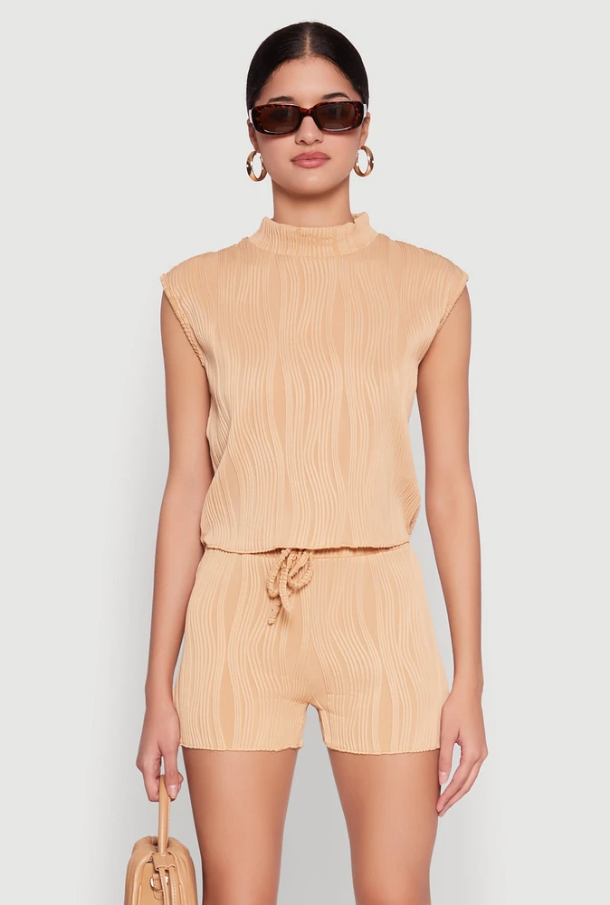Womens Plisse Knit Mock Neck Top,