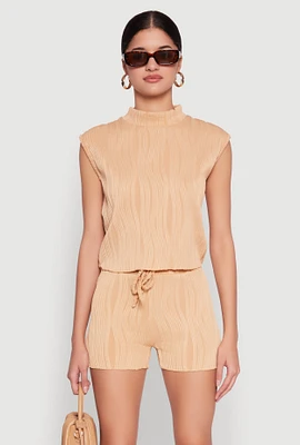 Womens Plisse Knit Mock Neck Top,