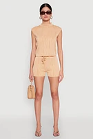 Womens Plisse Knit Mock Neck Top,