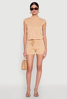 Womens Plisse Knit Mock Neck Top, Beige, Size M
