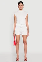 Womens Plisse High Waisted Shorts, White, Size XL
