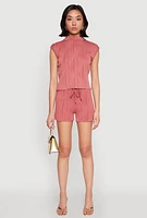 Womens Plisse High Waisted Shorts, Pink, Size M