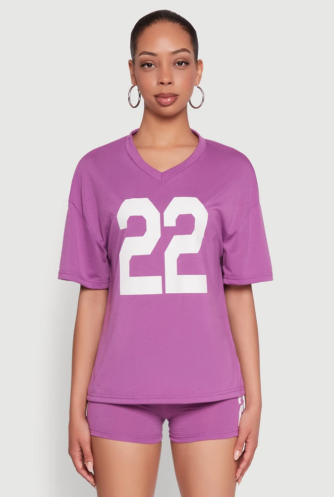 Womens 22 V Neck Football T Shirt, Purple, Size M