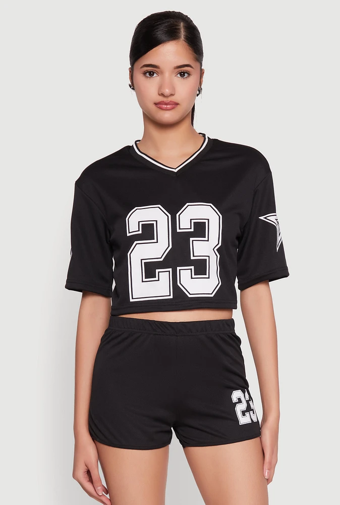 Womens Jersey Mesh 23 Graphic Contrast Trim Crop Top,