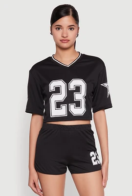 Womens Jersey Mesh 23 Graphic Contrast Trim Crop Top,