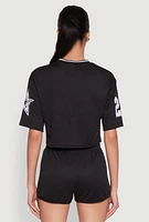 Womens Jersey Mesh 23 Graphic Contrast Trim Crop Top,