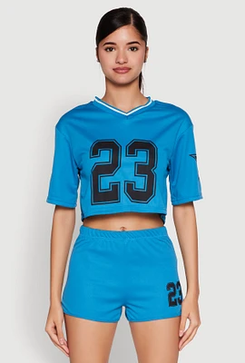Womens Jersey Mesh 23 Graphic Contrast Trim Crop Top,