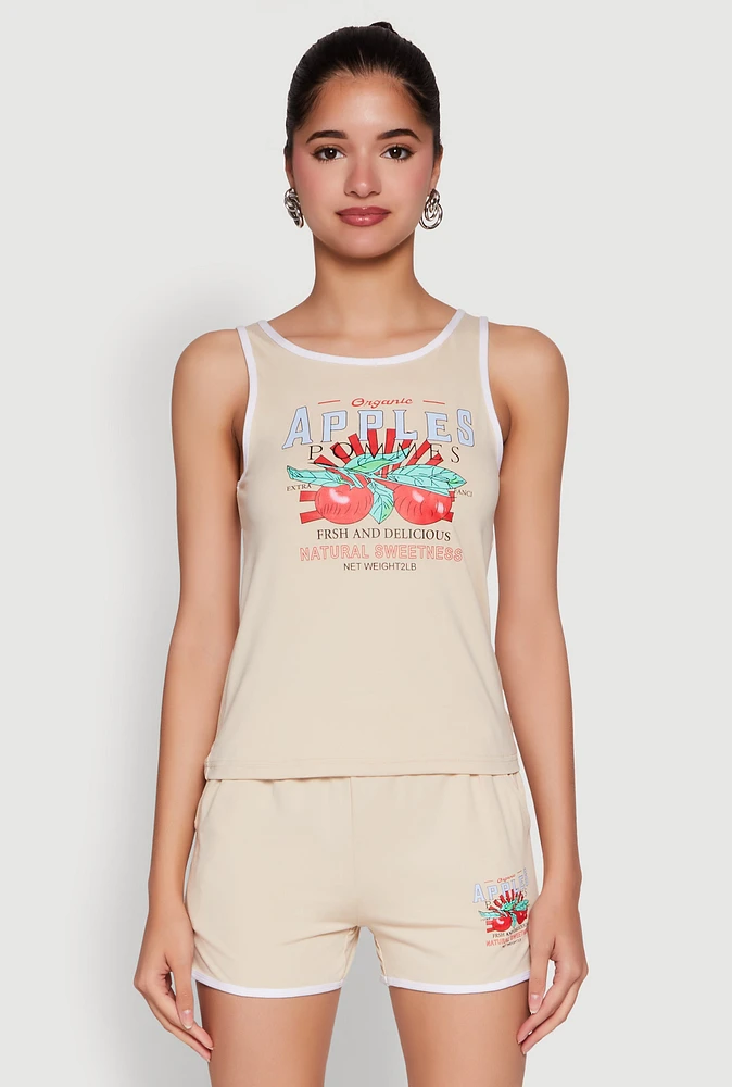 Womens Organic Apples Graphic Tank Top with Contrast Trim, Beige, Size L