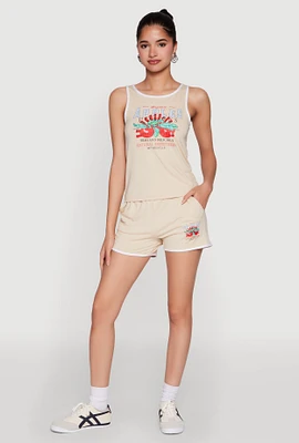 Womens Organic Apples Graphic Contrast Trim Shorts, Beige, Size XL