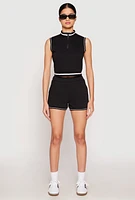 Womens Striped Trim Sleeveless Half Zip Top,