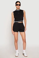 Womens Striped Trim Sleeveless Half Zip Top,