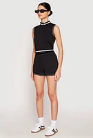 Womens Striped Trim Sleeveless Half Zip Top,