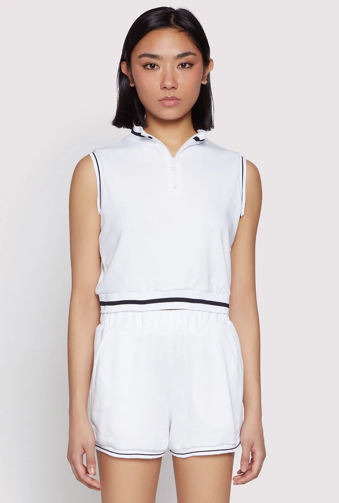 Womens Striped Trim Sleeveless Half Zip Top, White, Size M