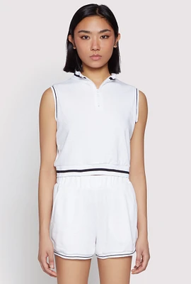Womens Striped Trim Sleeveless Half Zip Top, White, Size M
