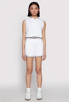 Womens Striped Trim Sleeveless Half Zip Top, White, Size M