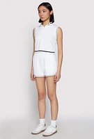 Womens Striped Trim Sleeveless Half Zip Top, White, Size M