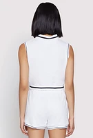Womens Striped Trim Sleeveless Half Zip Top, White, Size M