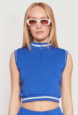 Womens Striped Trim Sleeveless Half Zip Top,