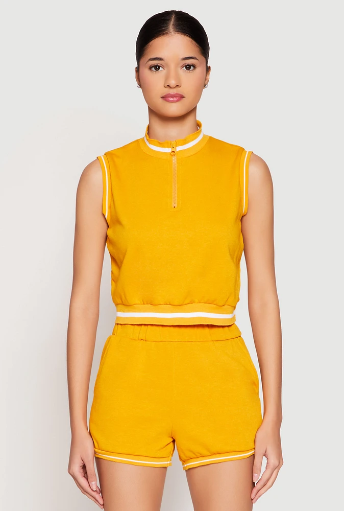 Womens Striped Trim Sleeveless Half Zip Top, Yellow, Size XL