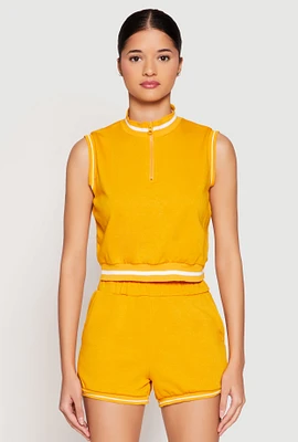 Womens Striped Trim Sleeveless Half Zip Top, Yellow, Size XL