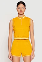 Womens Striped Trim Sleeveless Half Zip Top, Yellow, Size XL