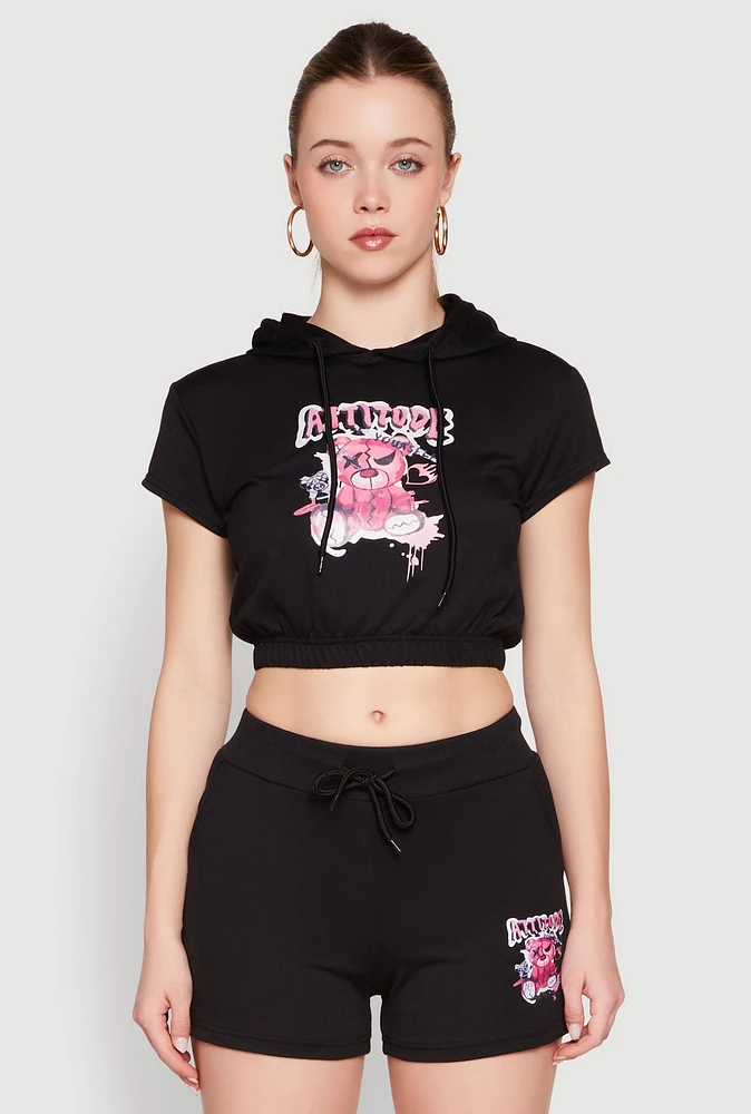 Womens French Terry Bear Graphic Cropped Hoodie,