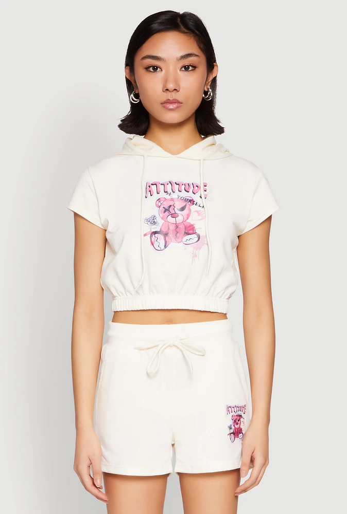 Womens French Terry Bear Graphic Cropped Hoodie,