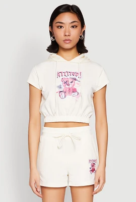 Womens French Terry Bear Graphic Cropped Hoodie,