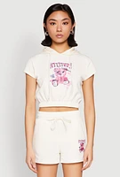 Womens French Terry Bear Graphic Cropped Hoodie,