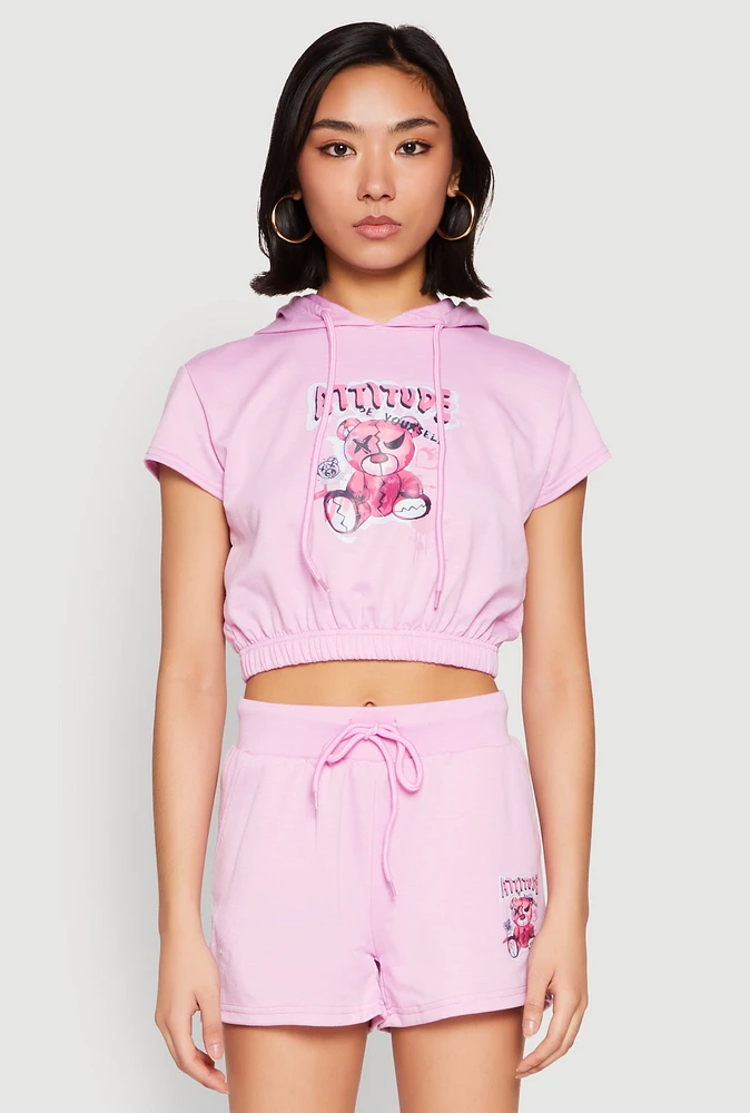 Womens French Terry Bear Graphic Cropped Hoodie, Pink, Size L