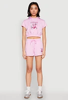 Womens French Terry Bear Graphic Cropped Hoodie, Pink, Size L