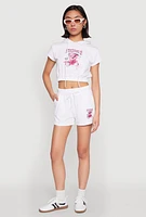 Womens French Terry Bear Graphic Shorts, White, Size XL