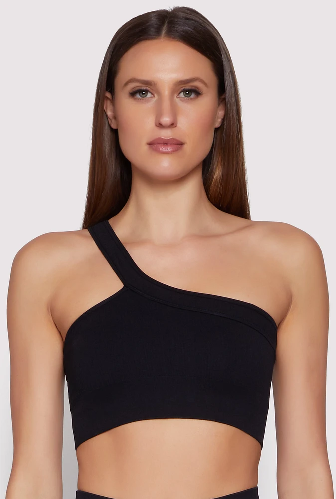 Womens Seamless One Shoulder Crop Top, Black,